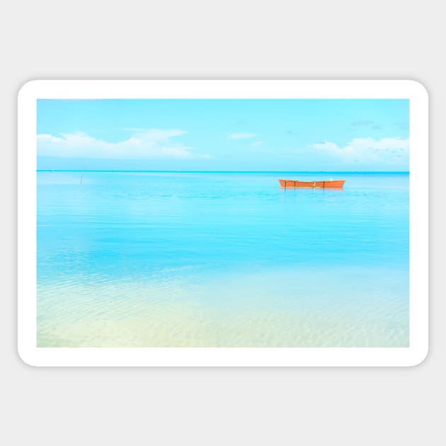 Orange outrigger canoe moored in bay. Sticker by brians101